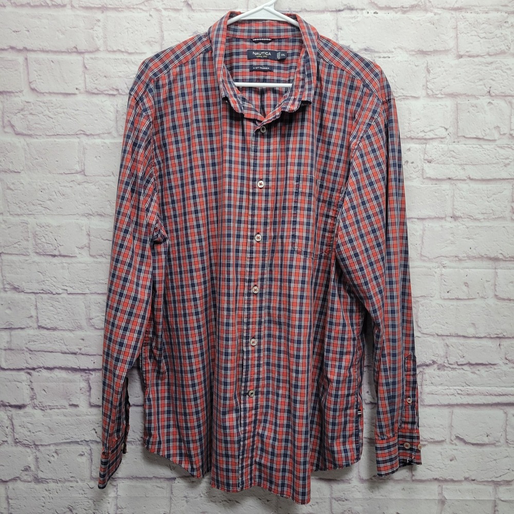 Nautica Casual Button Shirt Mens XXL A Bit Trimmer Red Blue Long Sleeve Cotton‎
